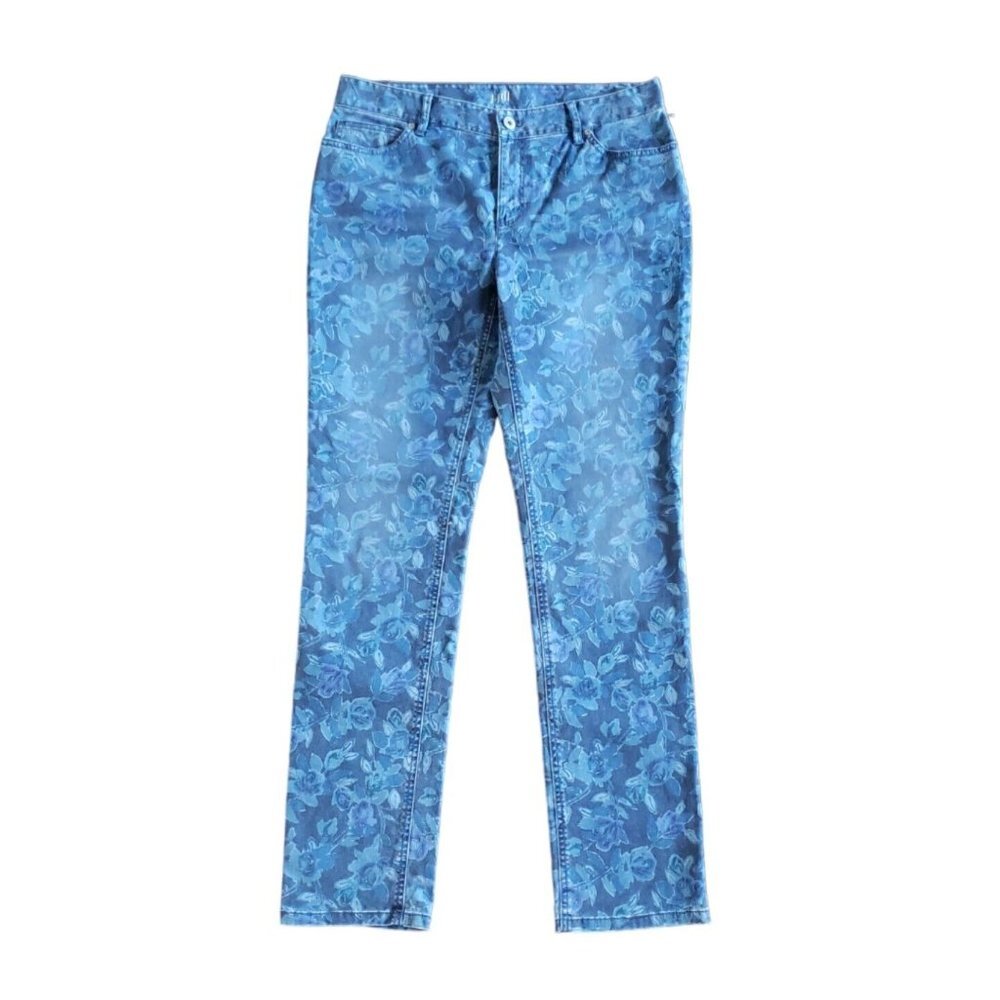 J Jill Jeans Women's Blue Floral Authentic Fit Slim Stretch Straight Leg Classic